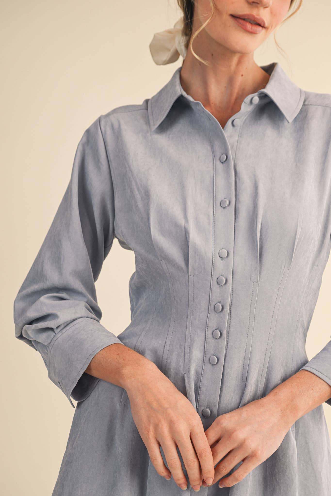 Pleated Waist Button Down Midi Dress