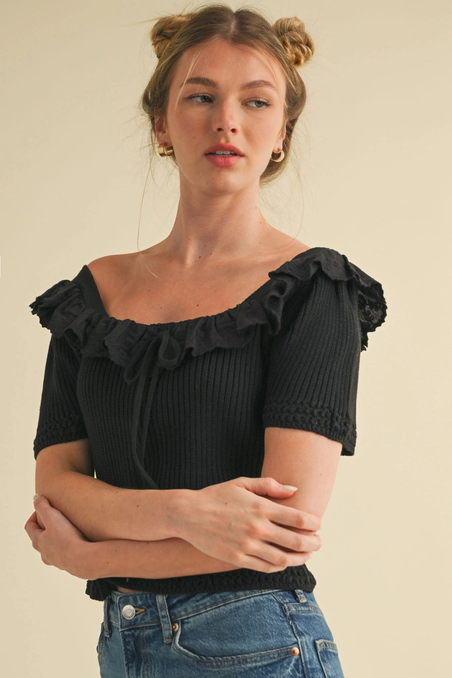Black Ruffle Trim Short Sleeve Sweater