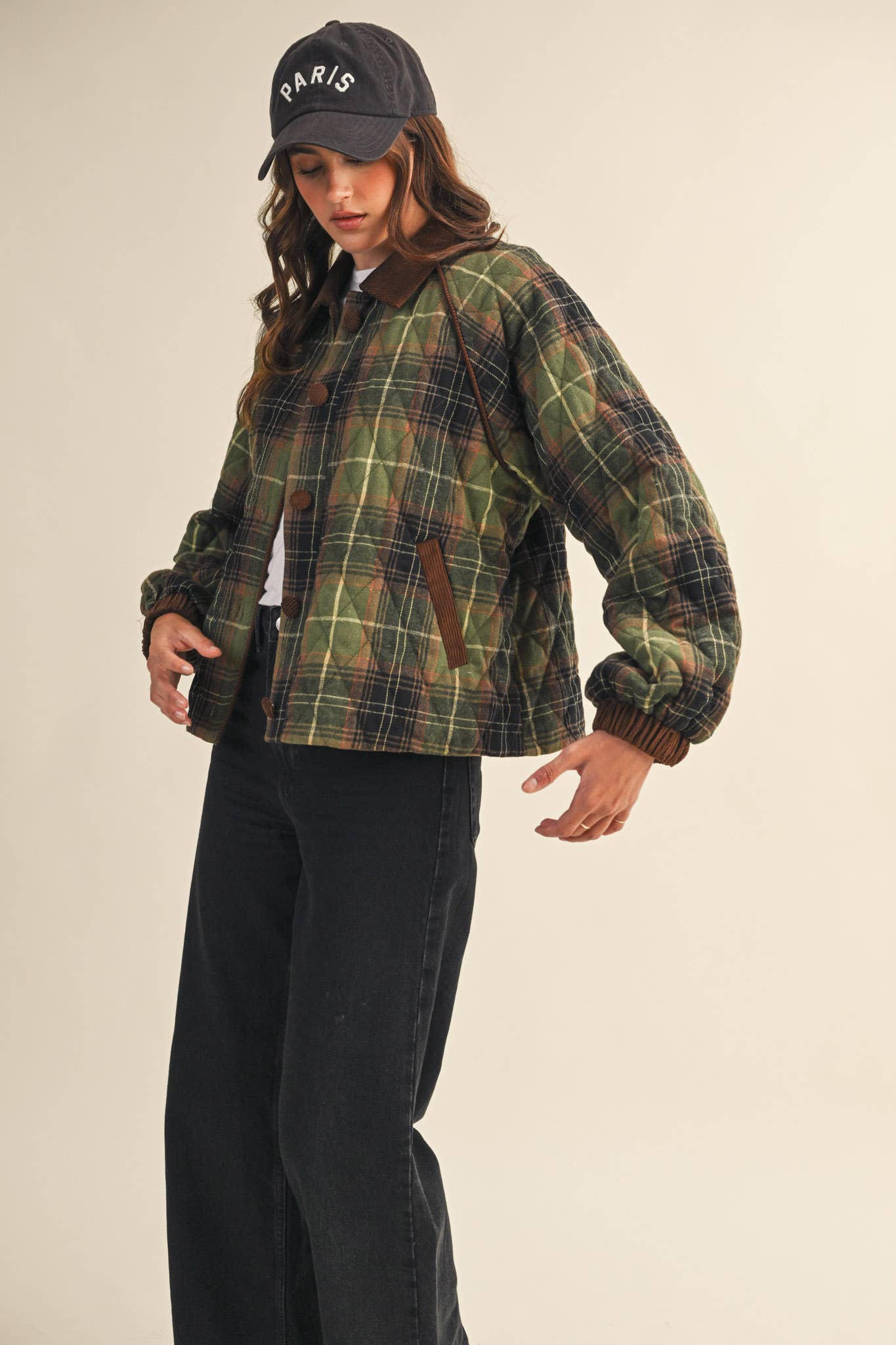 Plaid Quilted Jacket with Contrast Corduroy Detail