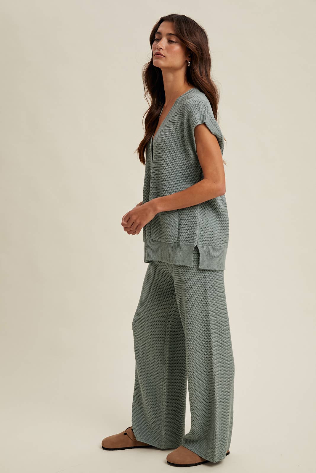 Waffle Knit Button-Up Vest and Pants Set