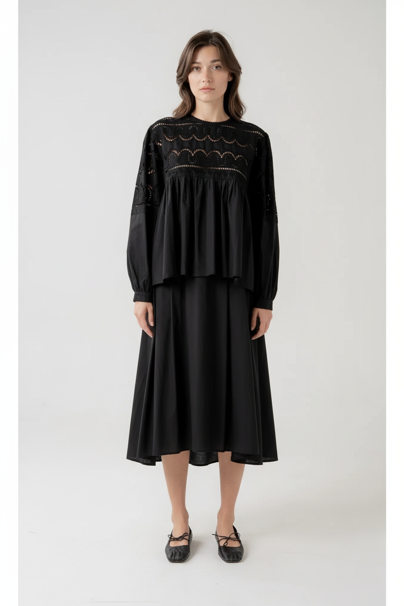 Black Pleated Midi Skirt with Asymmetrical Hem