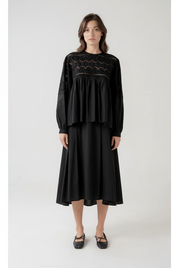 Black Pleated Midi Skirt with Asymmetrical Hem