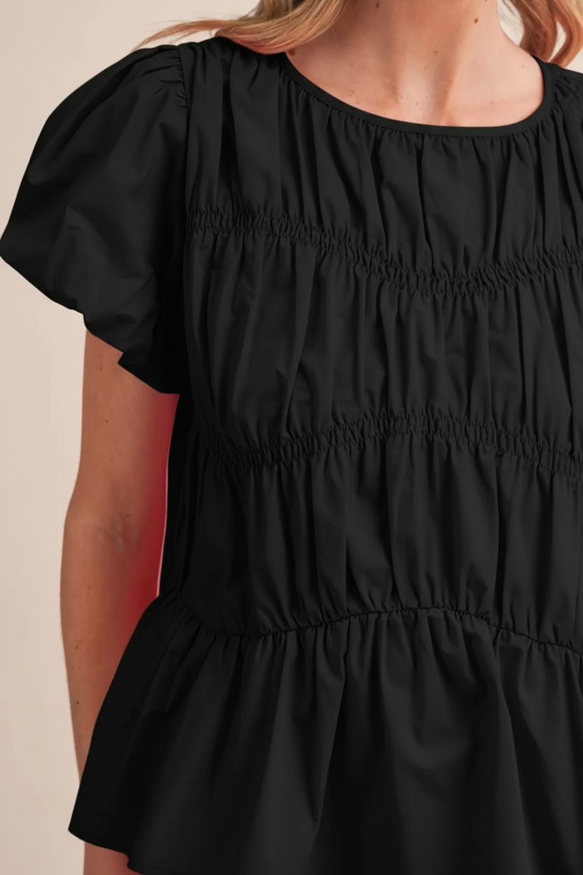 Tiered Shirring Bubble Sleeve Top