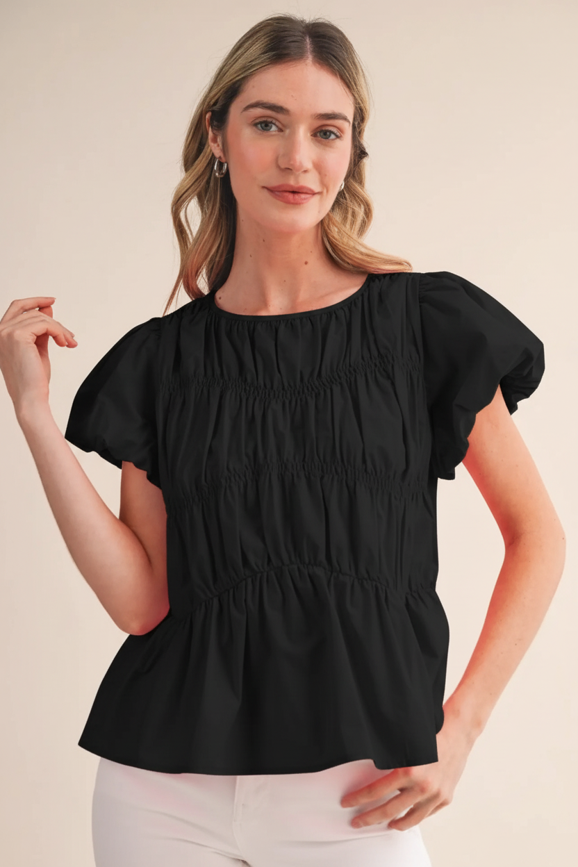 Tiered Shirring Bubble Sleeve Top