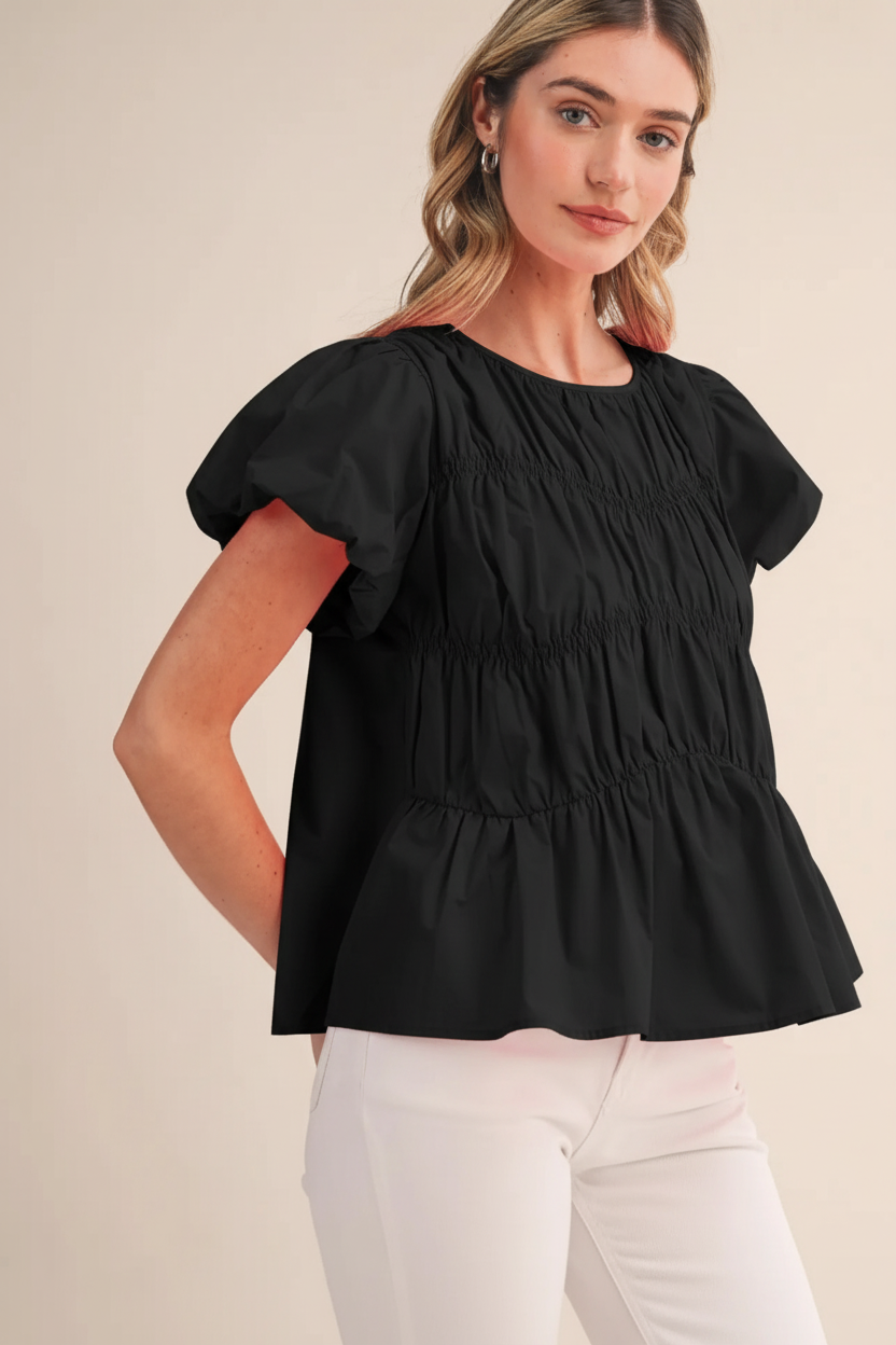Tiered Shirring Bubble Sleeve Top