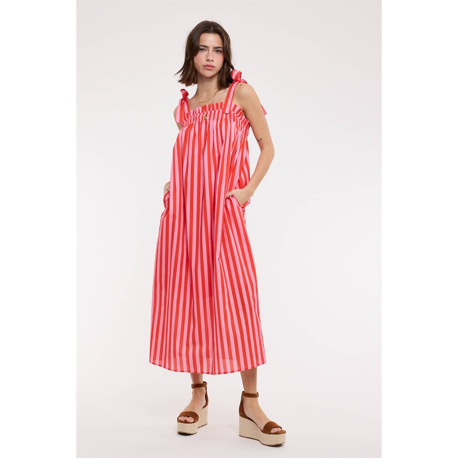 Striped Shoulder Tie Midi Dress