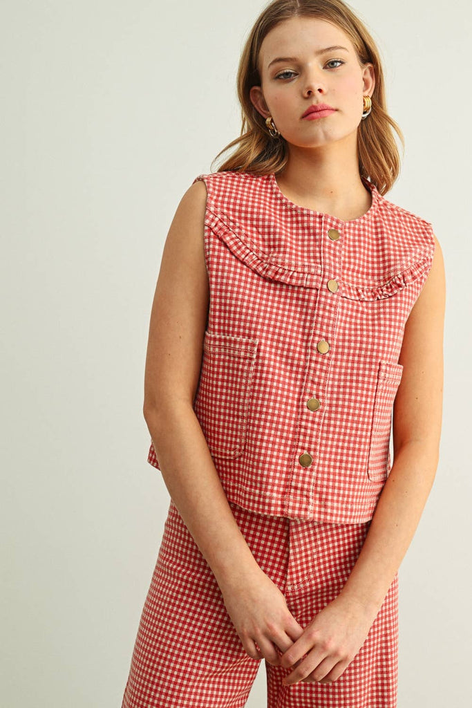 Red Gingham Button Front Vest