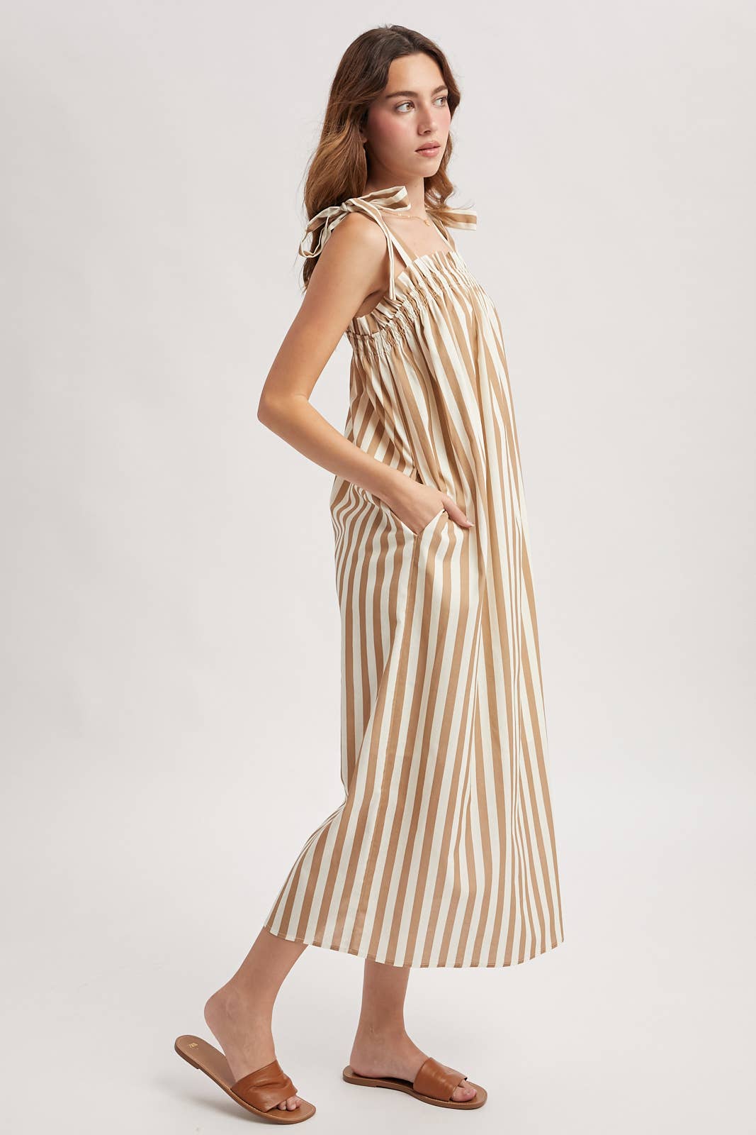 Striped Shoulder Tie Midi Dress