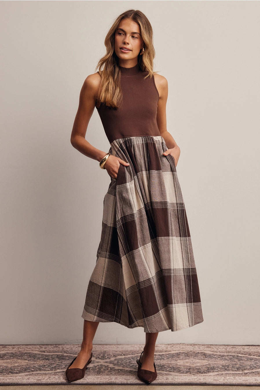 Mixed Media Plaid Midi Dress