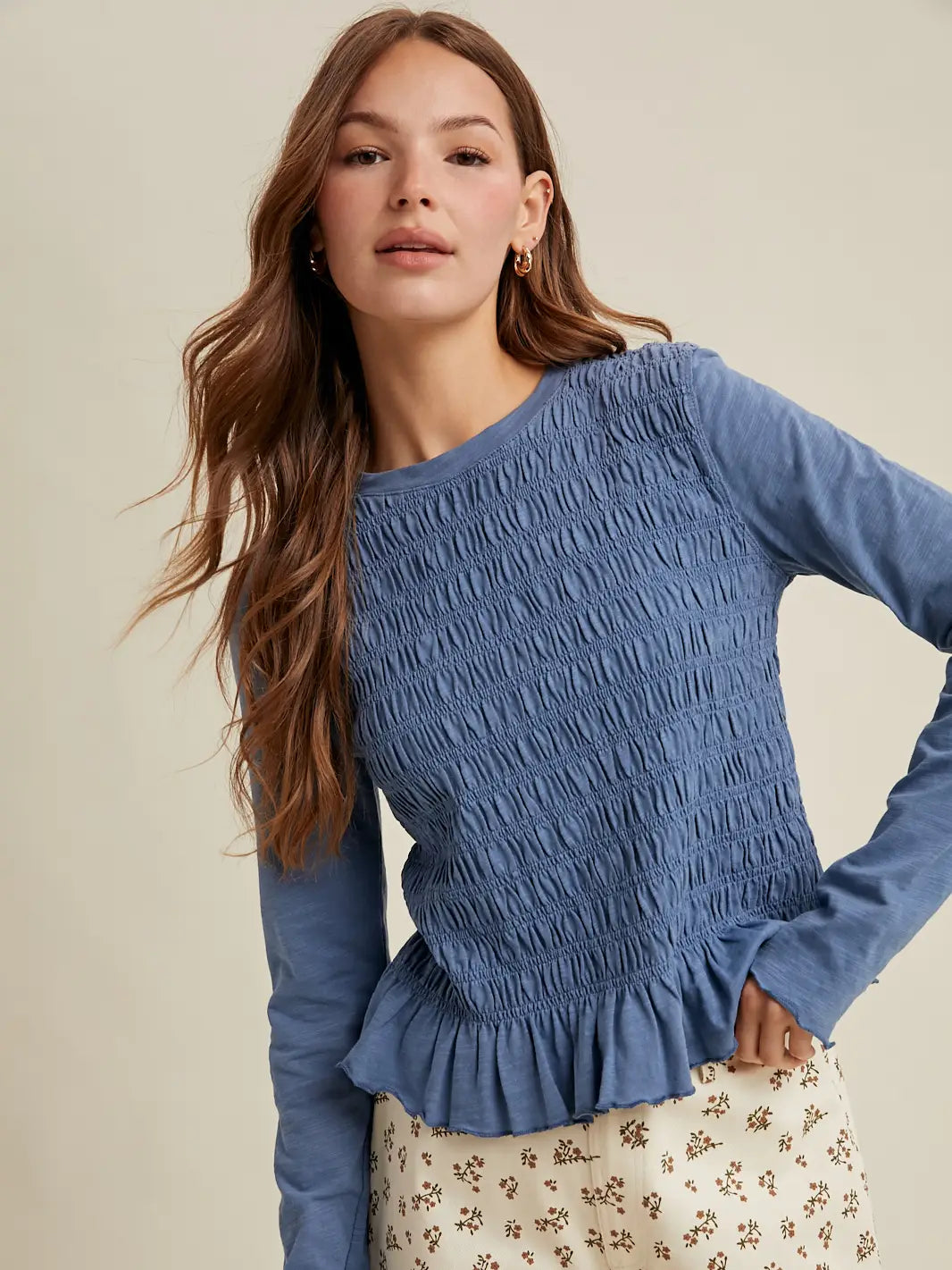 Smocked Slub Knit Top