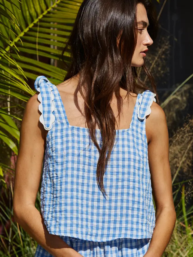 Gingham Square Neck Top in Light Blue