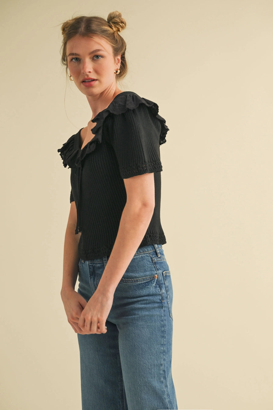 Black Ruffle Trim Short Sleeve Sweater