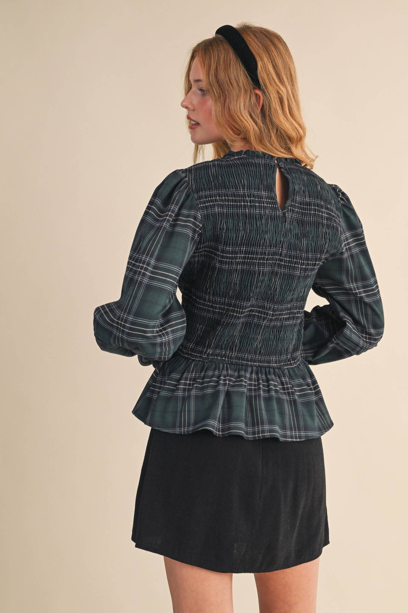 Smocked Plaid Puff Sleeve Peplum Top