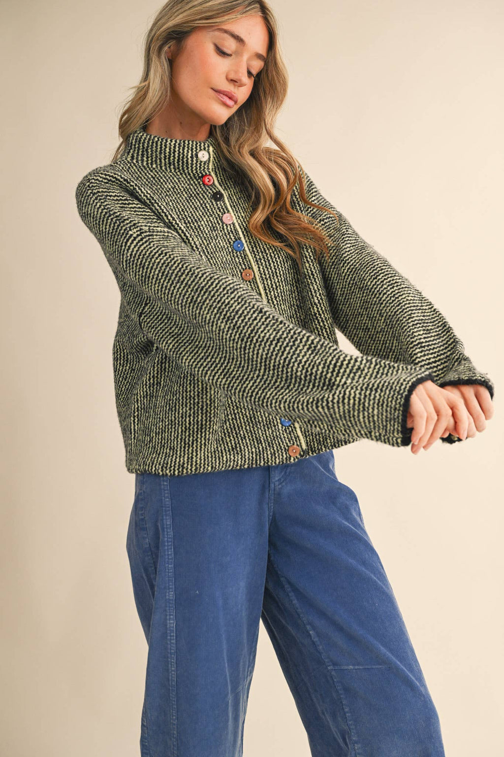 Striped Sweater Cardigan with Colorful Buttons