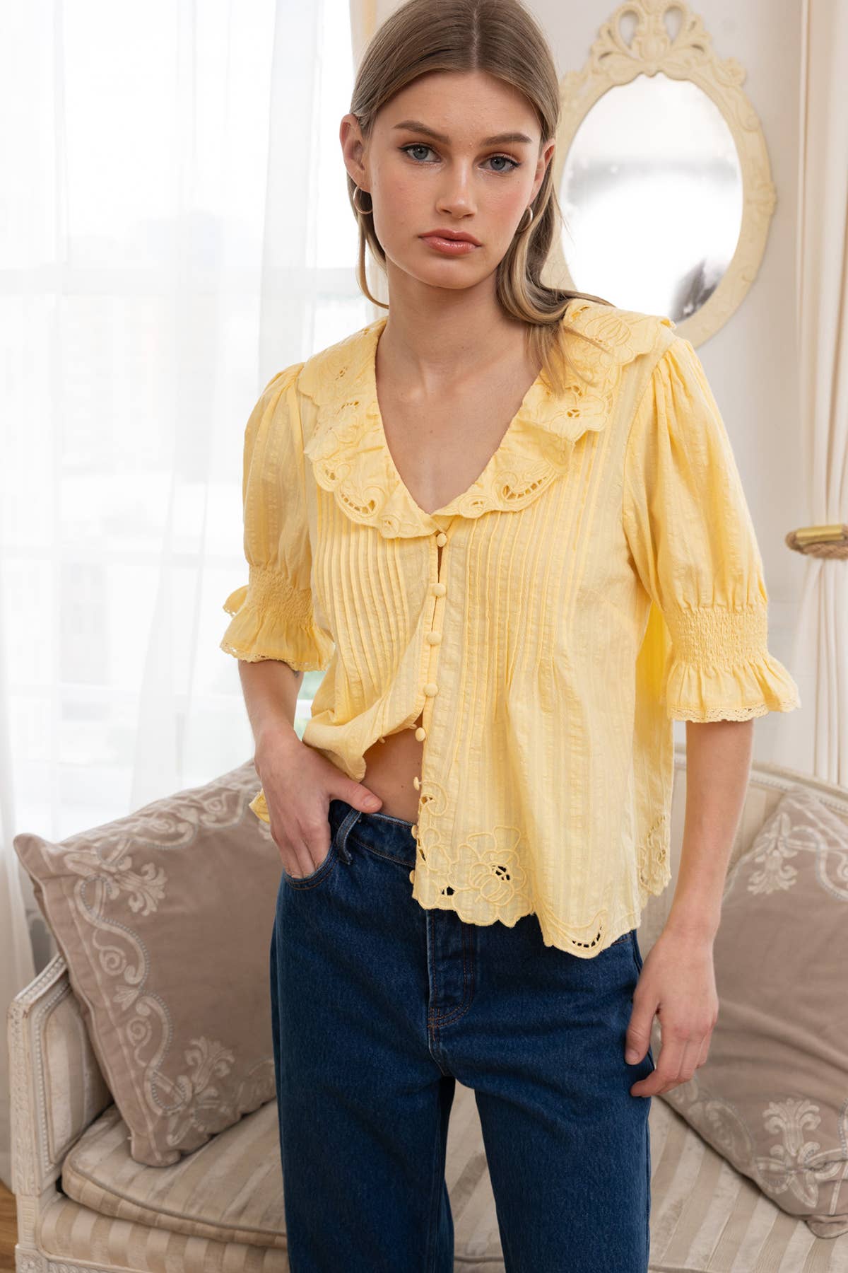 Embroidered Collar Button Blouse
