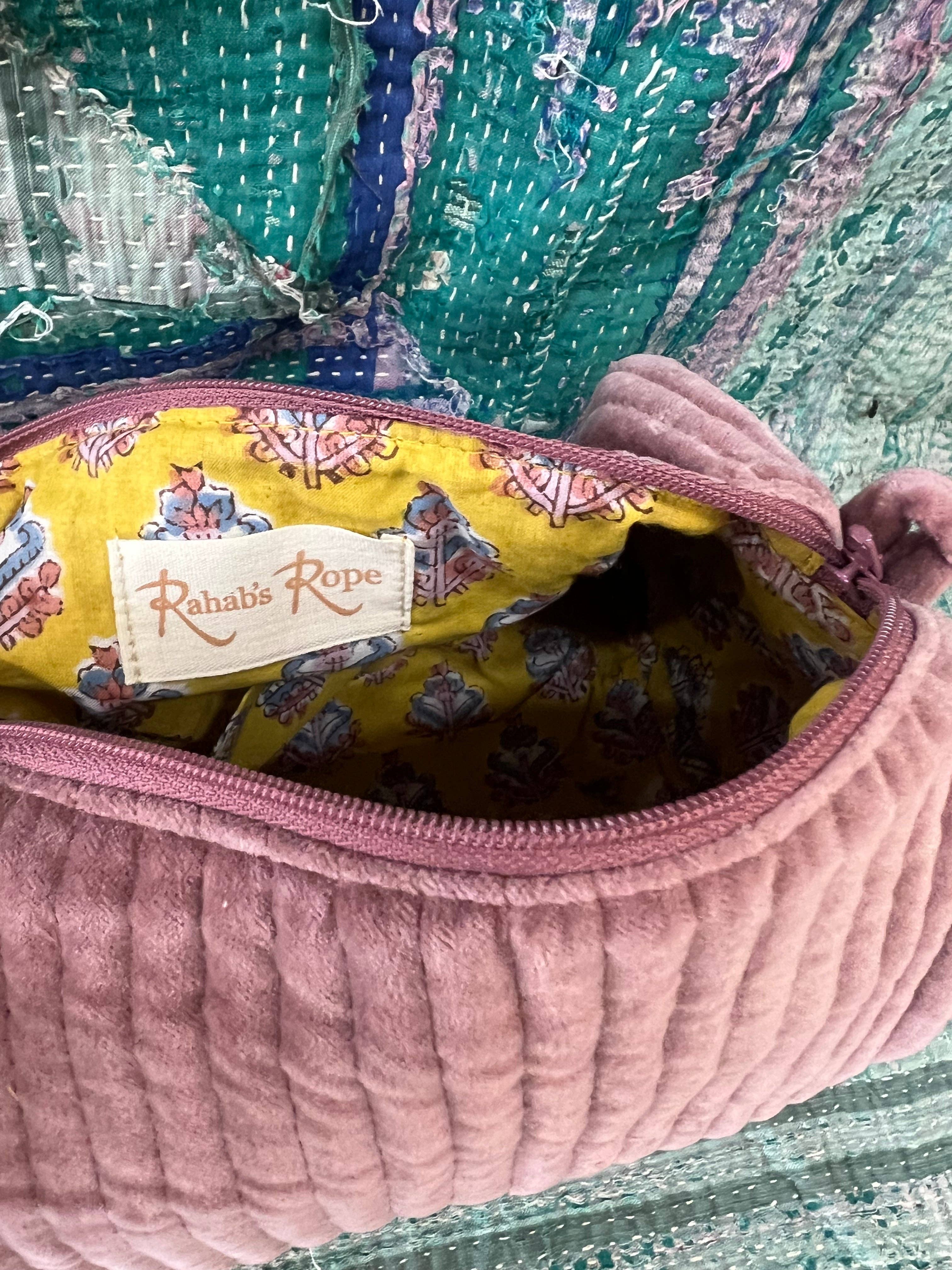 Mauve Velvet and Block Print Lined Cosmetic Pouch