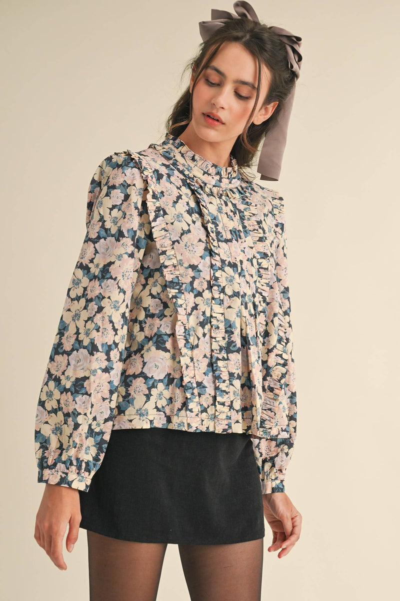 Pintuck Ruffled Floral Top