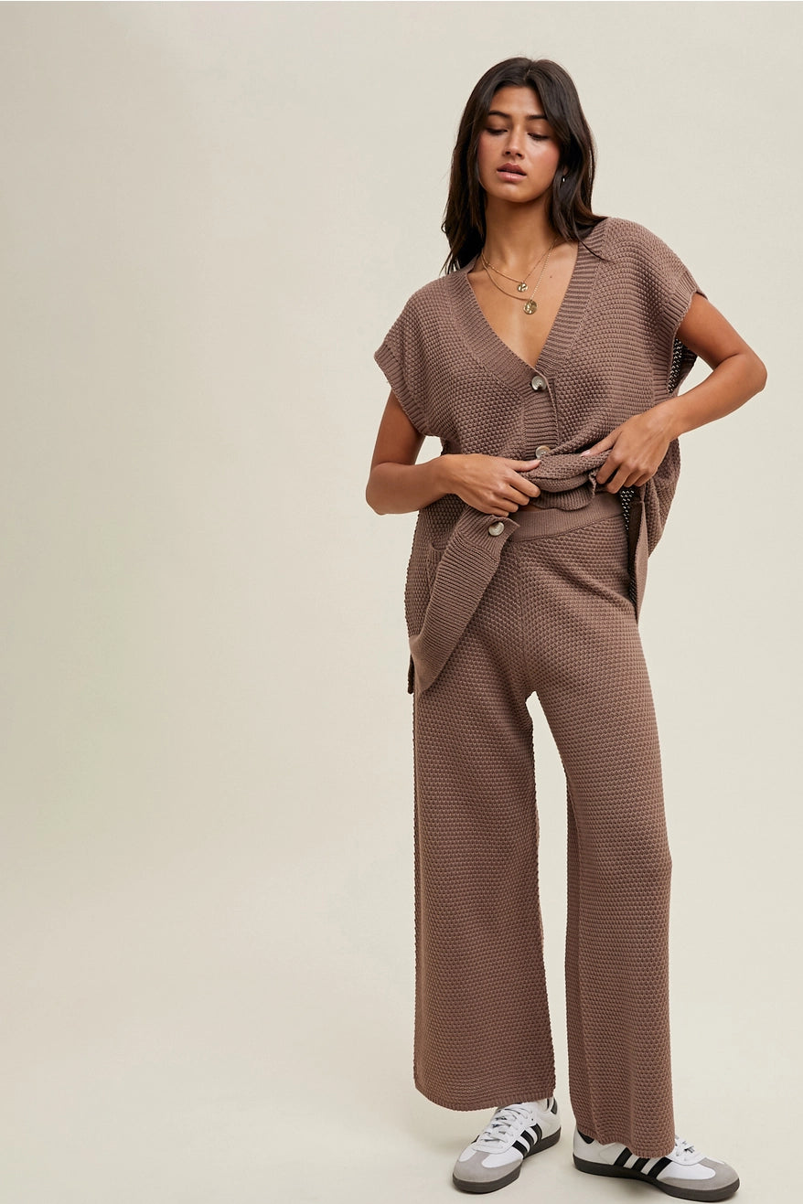 Waffle Knit Button-Up Vest and Pants Set