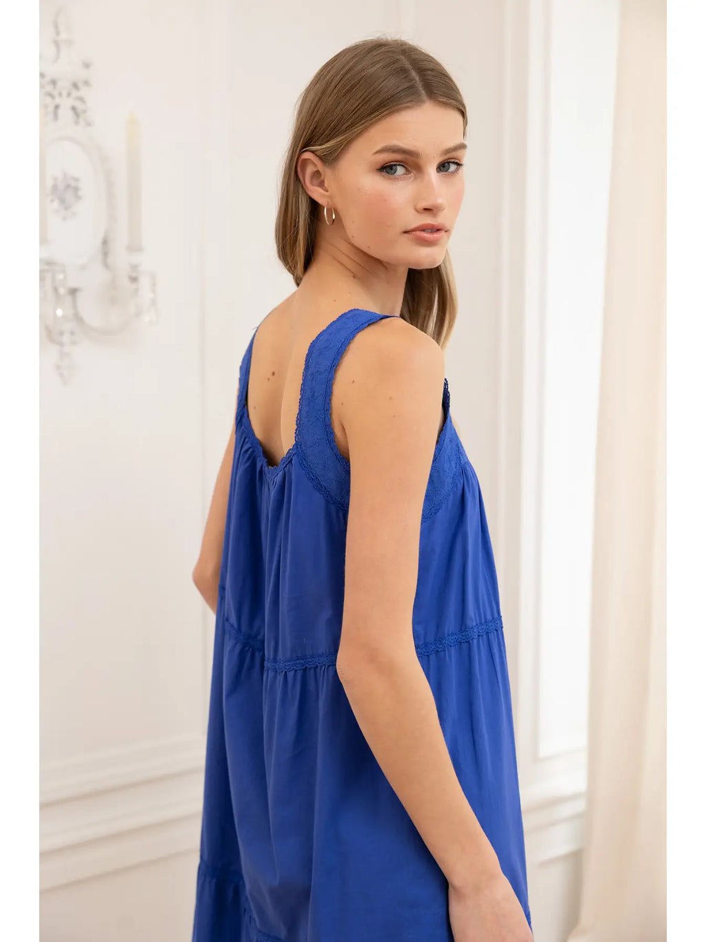 Lace Trim Tiered Maxi Dress in Cobalt Blue