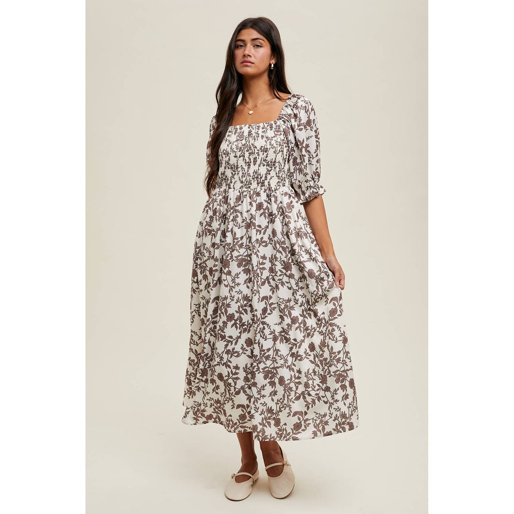 Floral Balloon Sleeve Smocked Midi Dress