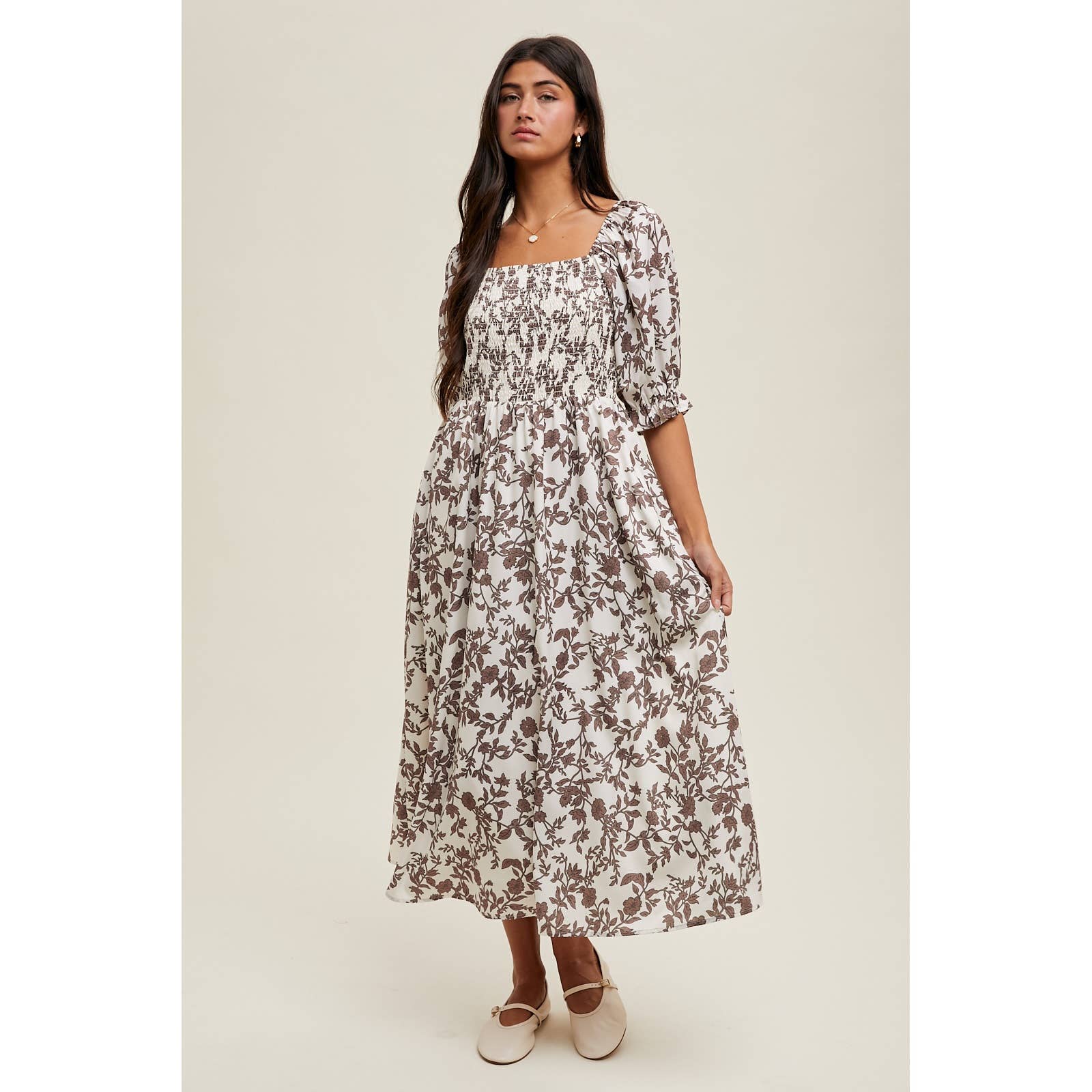 Floral Balloon Sleeve Smocked Midi Dress