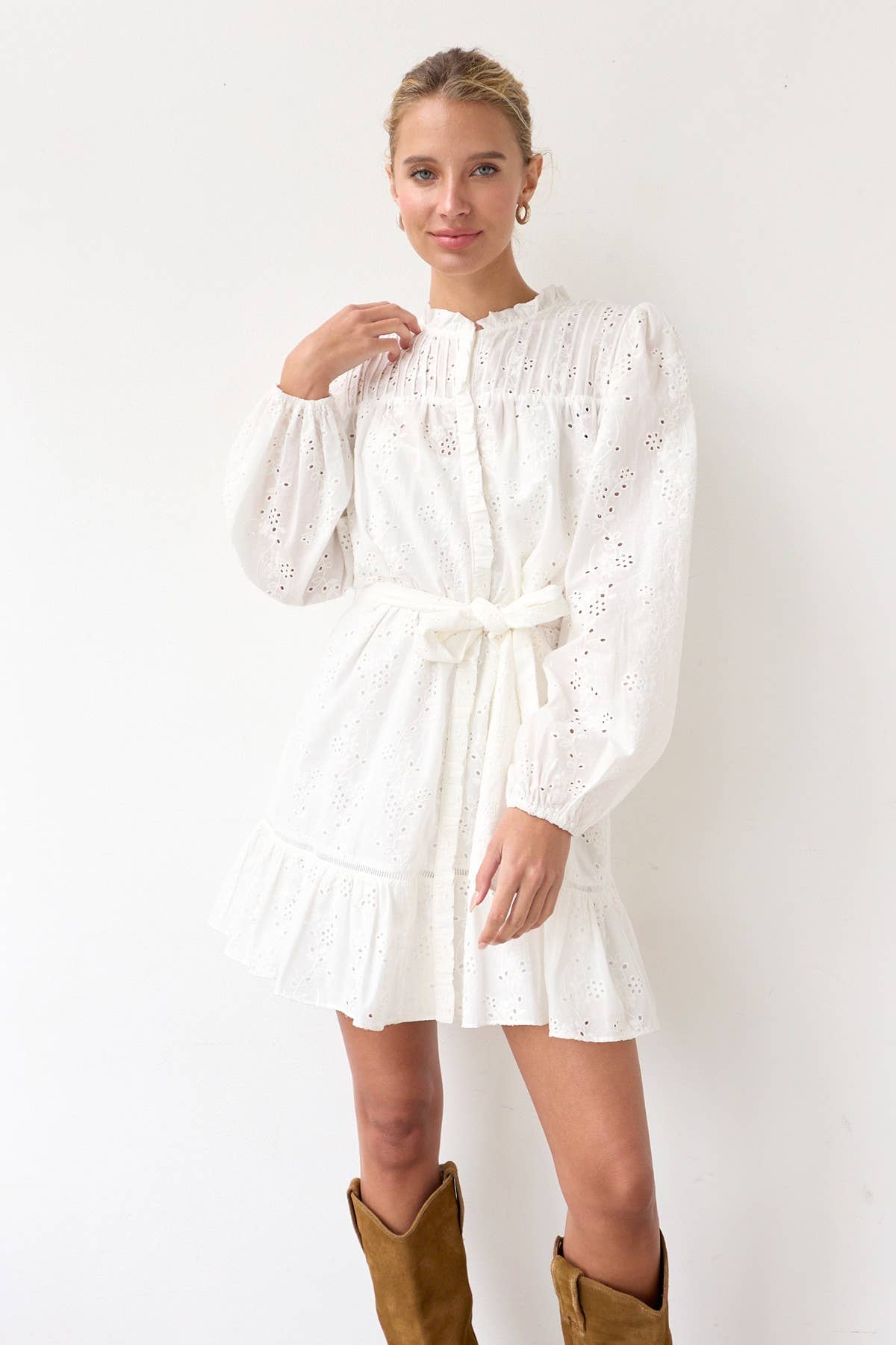 Ruffle Pintuck Dress With Tie