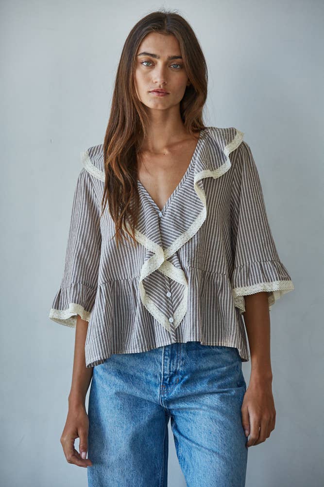 Woven Cotton Linen Striped Ruffle Top