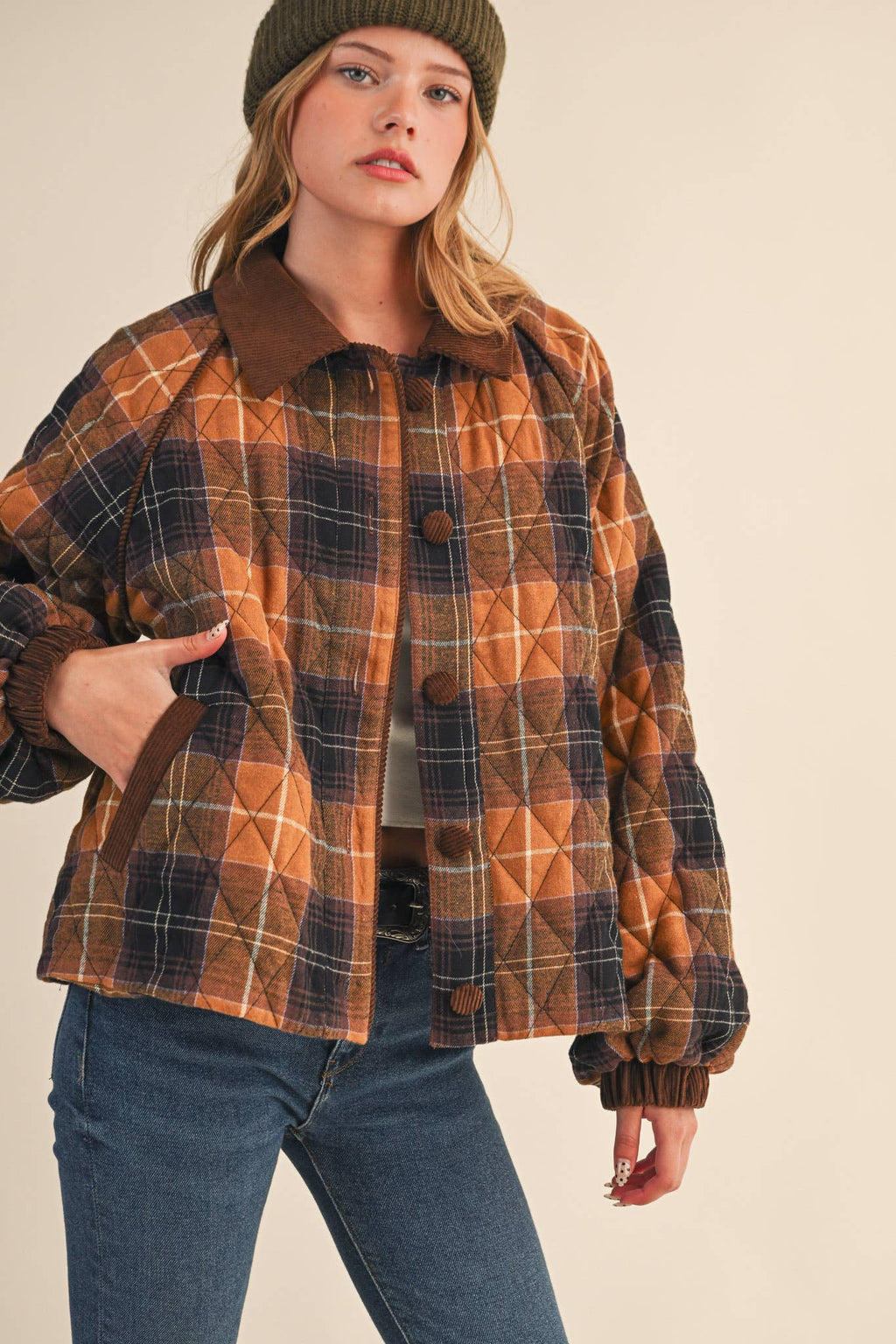 Plaid Quilted Jacket with Contrast Corduroy Detail