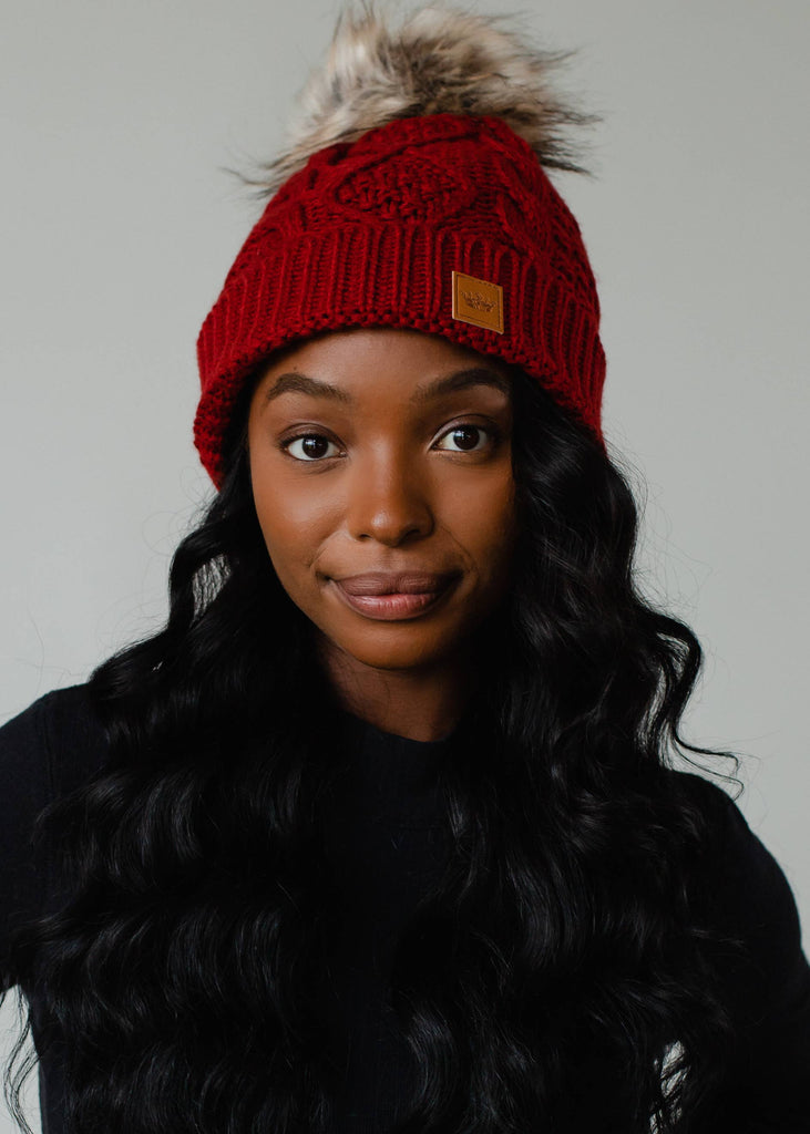 Dark Red Cable Knit Pom Hat