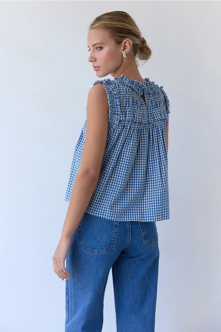 Gingham Ruffle Blouse in Blue