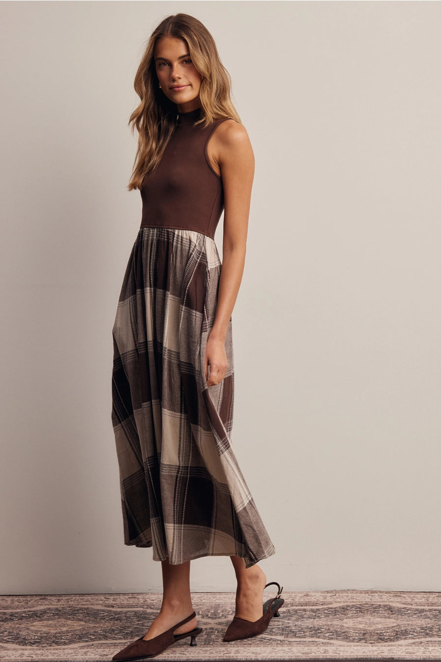 Mixed Media Plaid Midi Dress