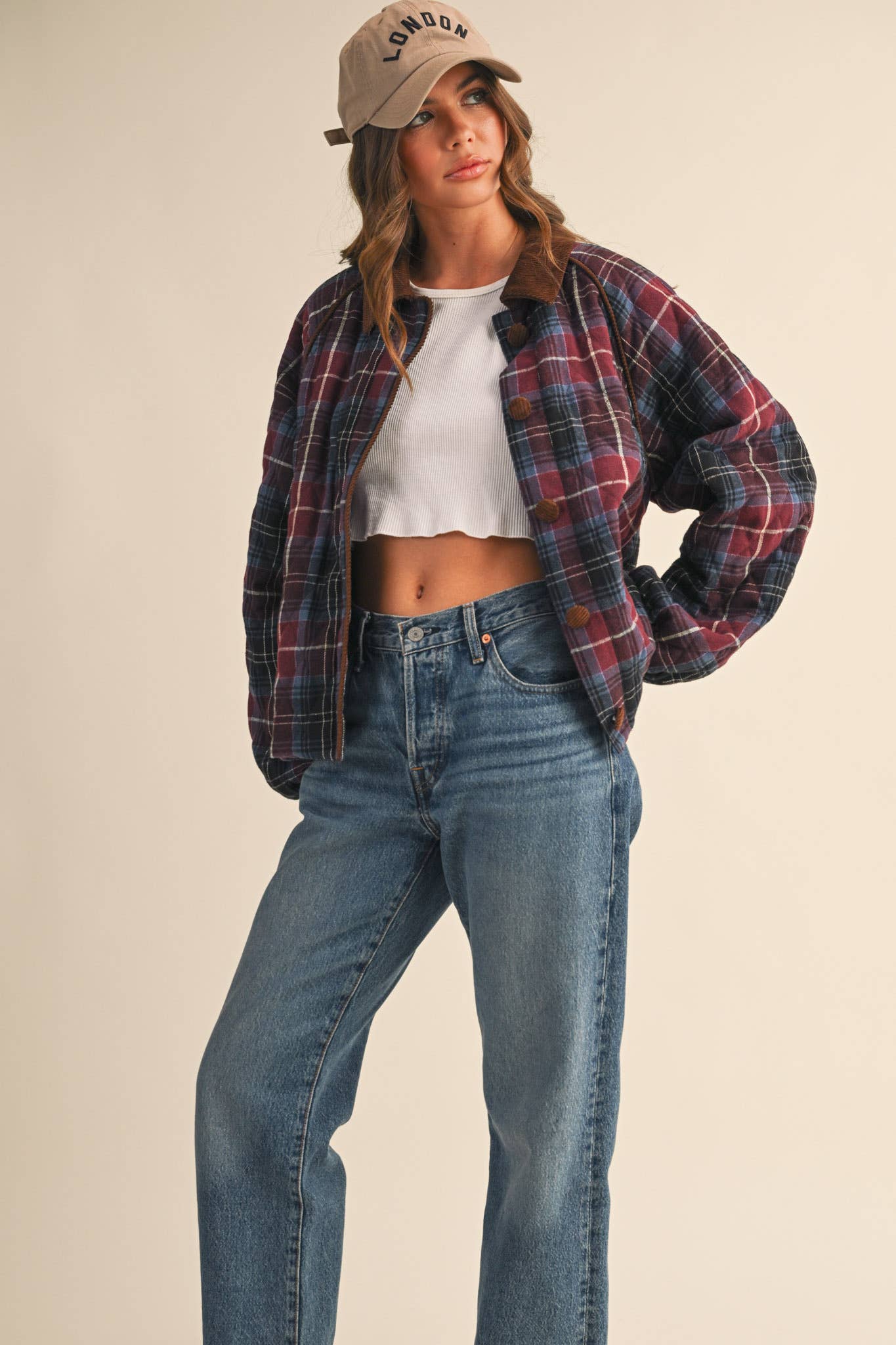 Plaid Quilted Jacket with Contrast Corduroy Detail