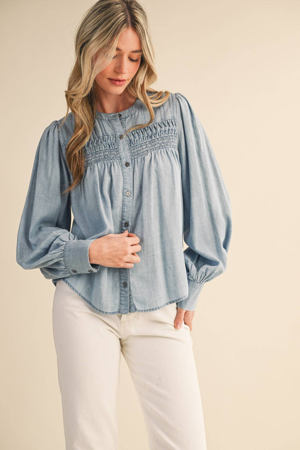 Chambray Pintuck Detail Button Down Top