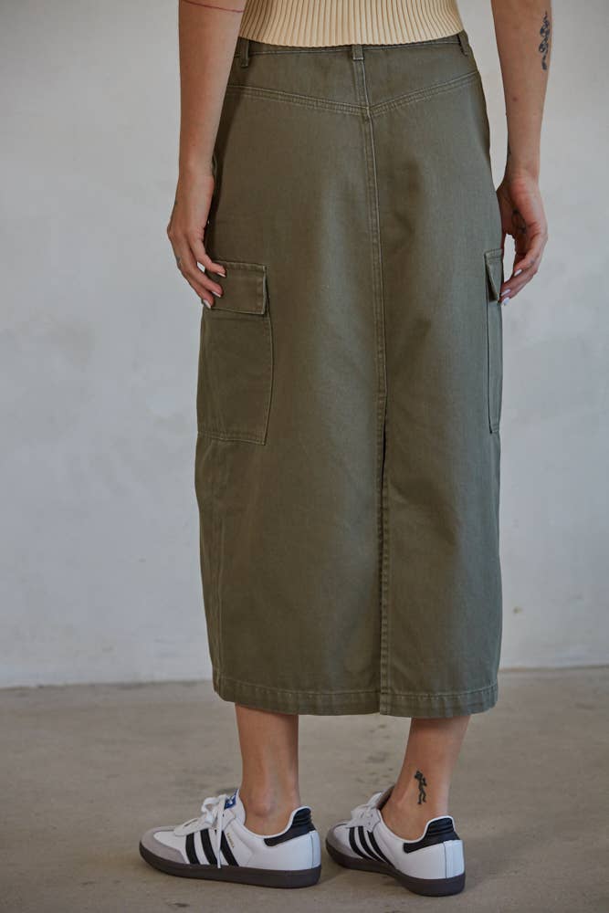 Olive Midi Skirt With Side Pockets