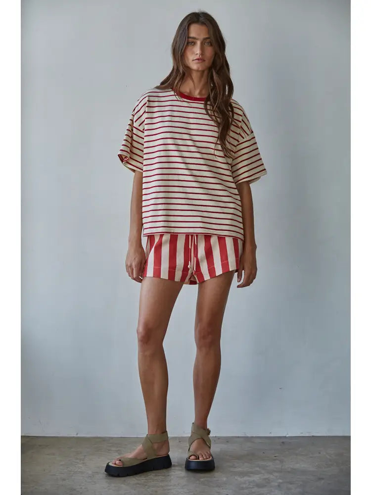 Striped Crew Neck Top in Natural Red