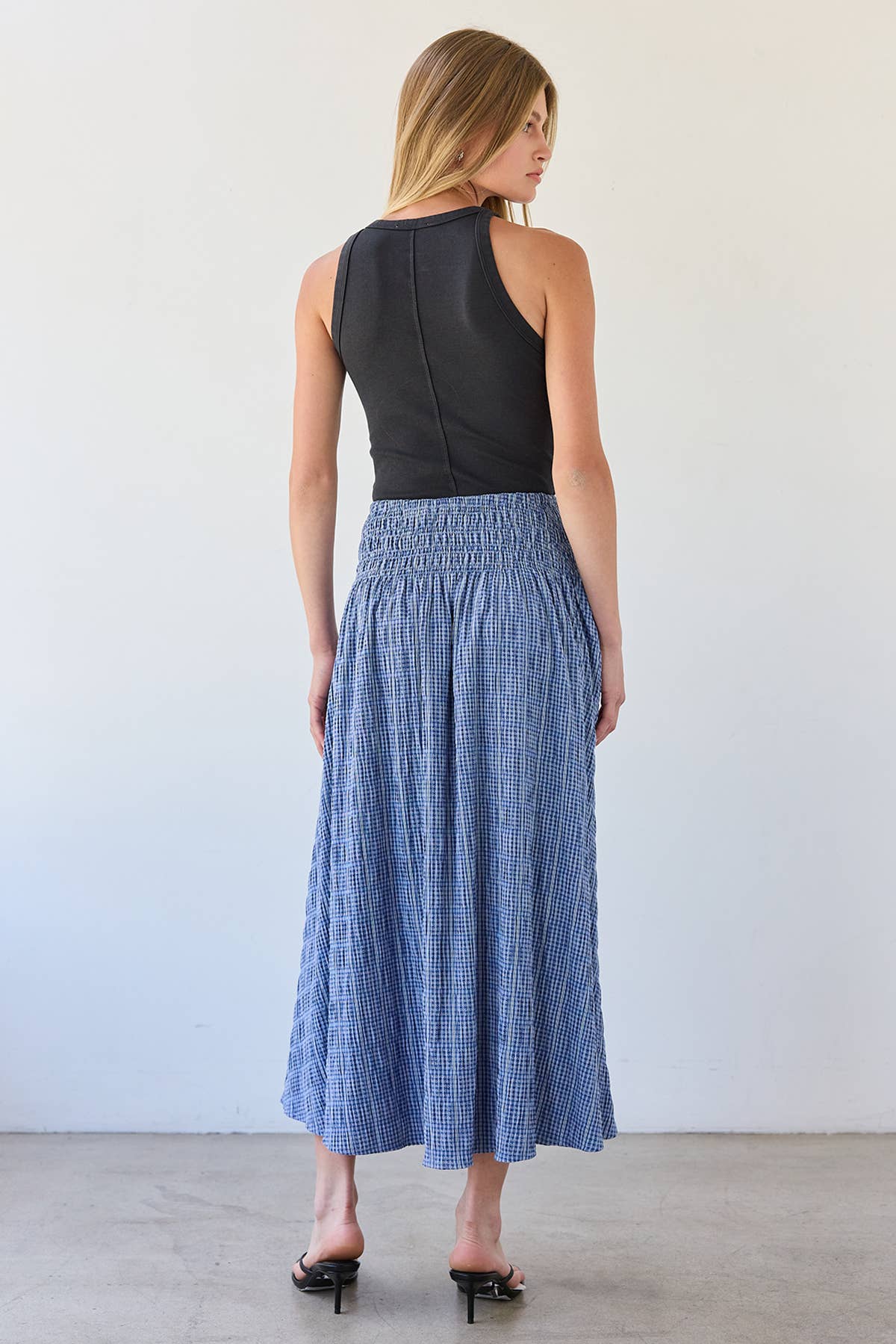 Smocked Waist Check Midi Skirt