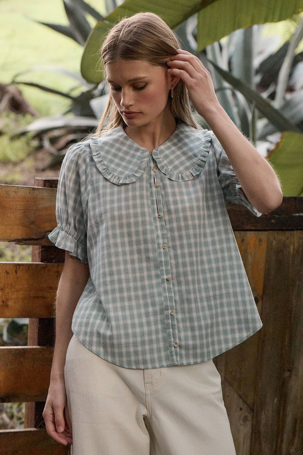 Ruffle Collar Gingham Blouse