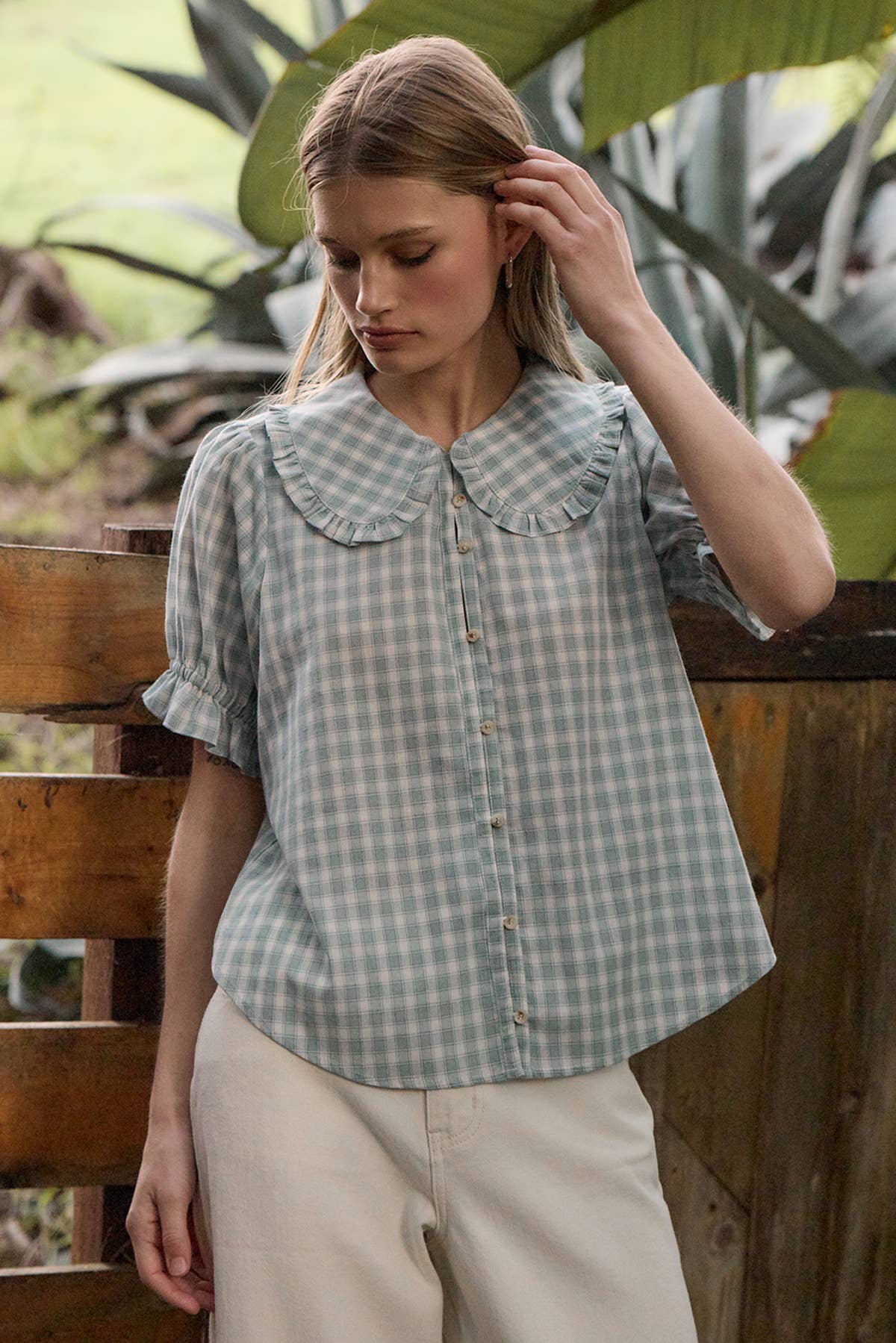 Ruffle Collar Gingham Blouse