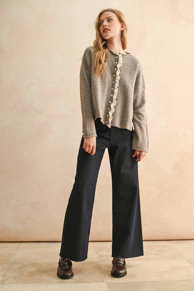 Button Front Lace Trim Knitted Cardigan