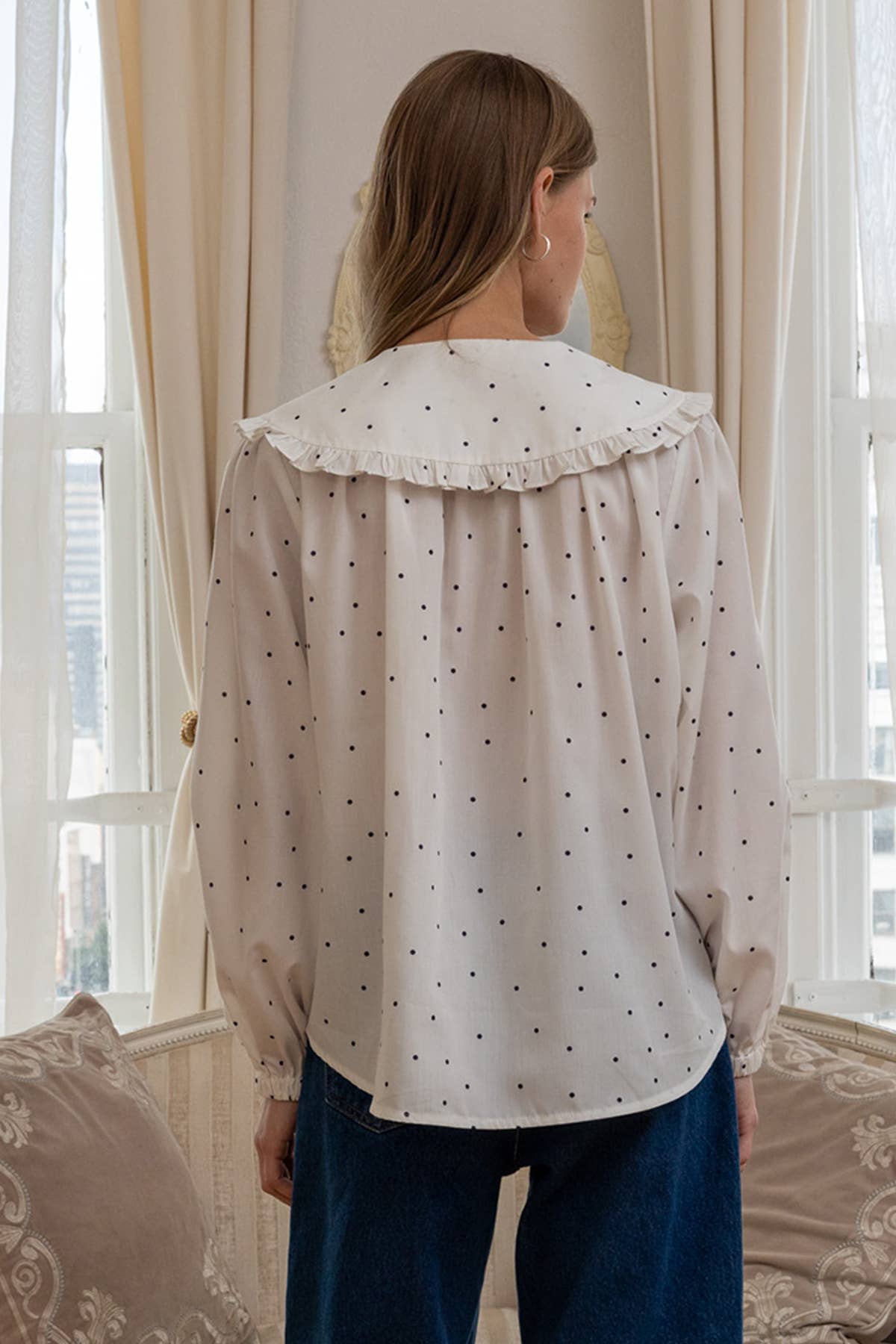 Polka Dot Ruffle Collar Blouse