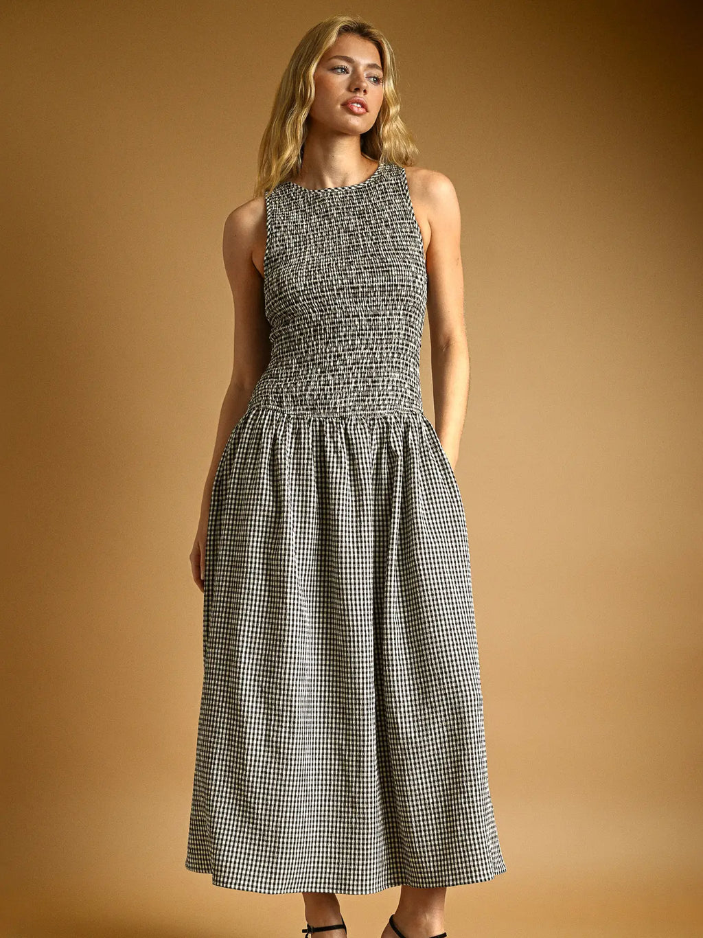 Mini Gingham Sleeveless Long Dress in Black