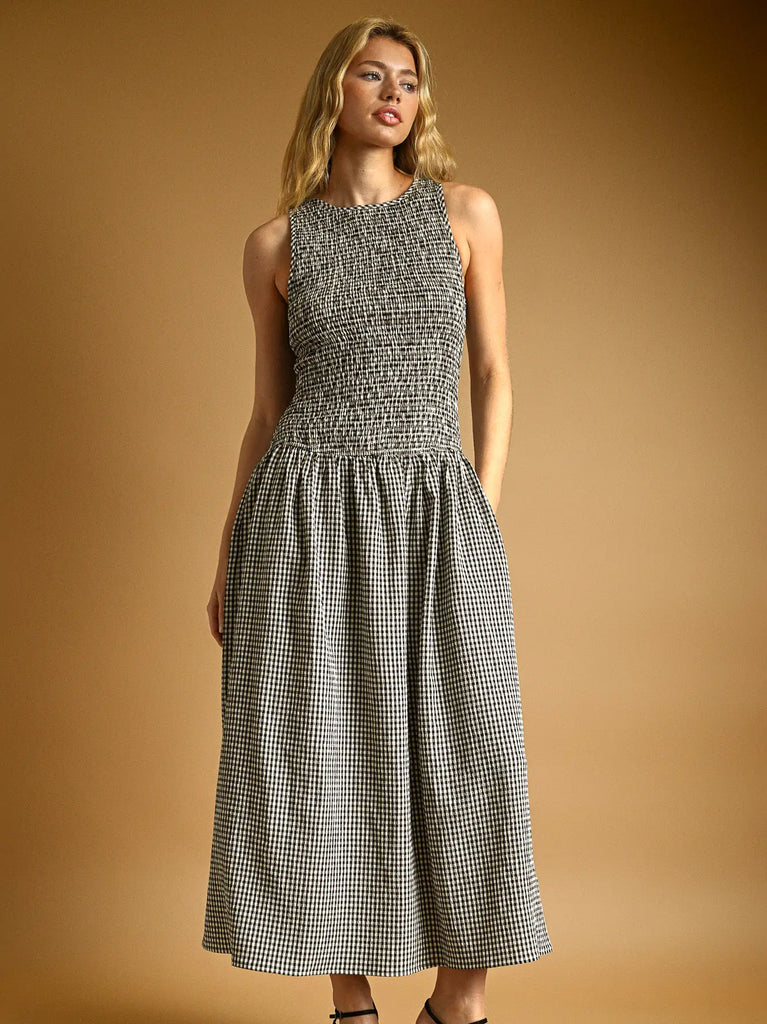 Mini Gingham Sleeveless Long Dress in Black