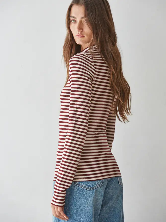 Spandex Stripe Mock Long Sleeve in Cream Wine