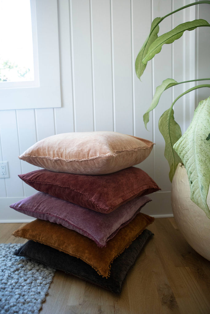 Mauve Velvet Pillow With Poms