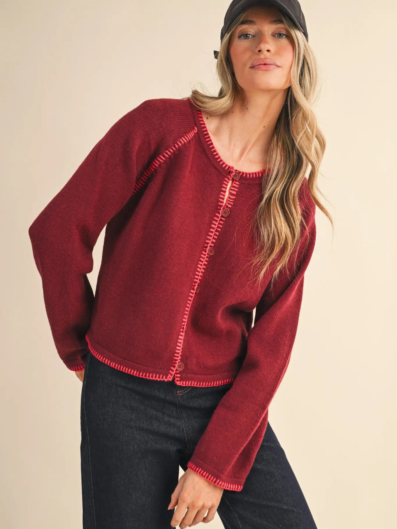 Contrast Blanket Stitch Sweater Cardigan