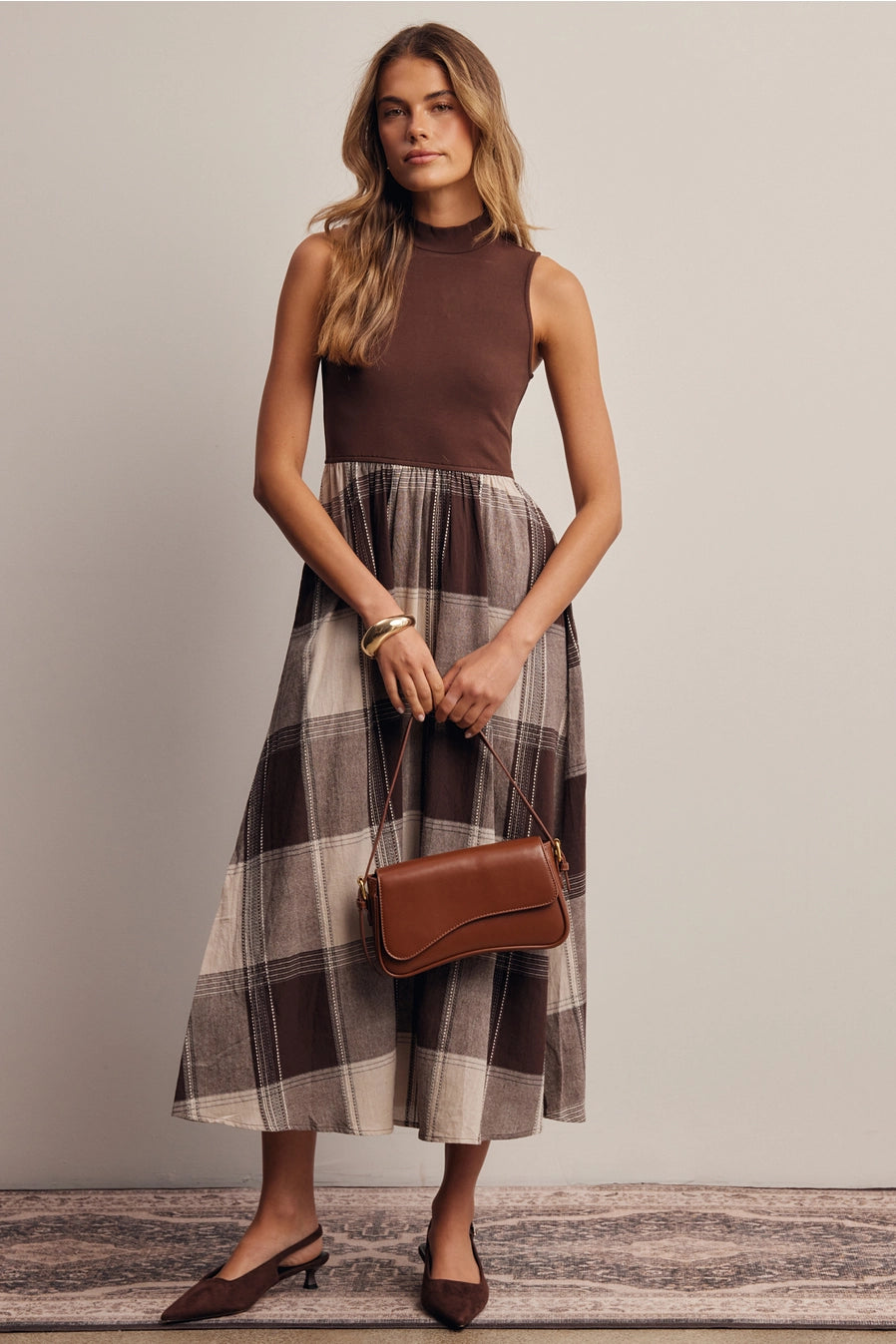 Mixed Media Plaid Midi Dress