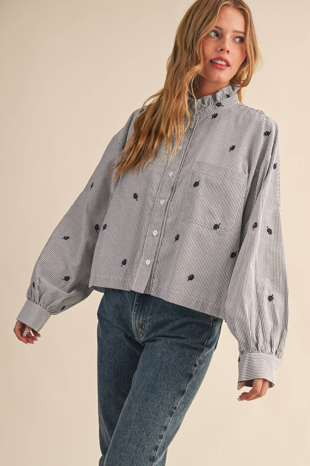 Embroidered Mock Neck Striped Button Up