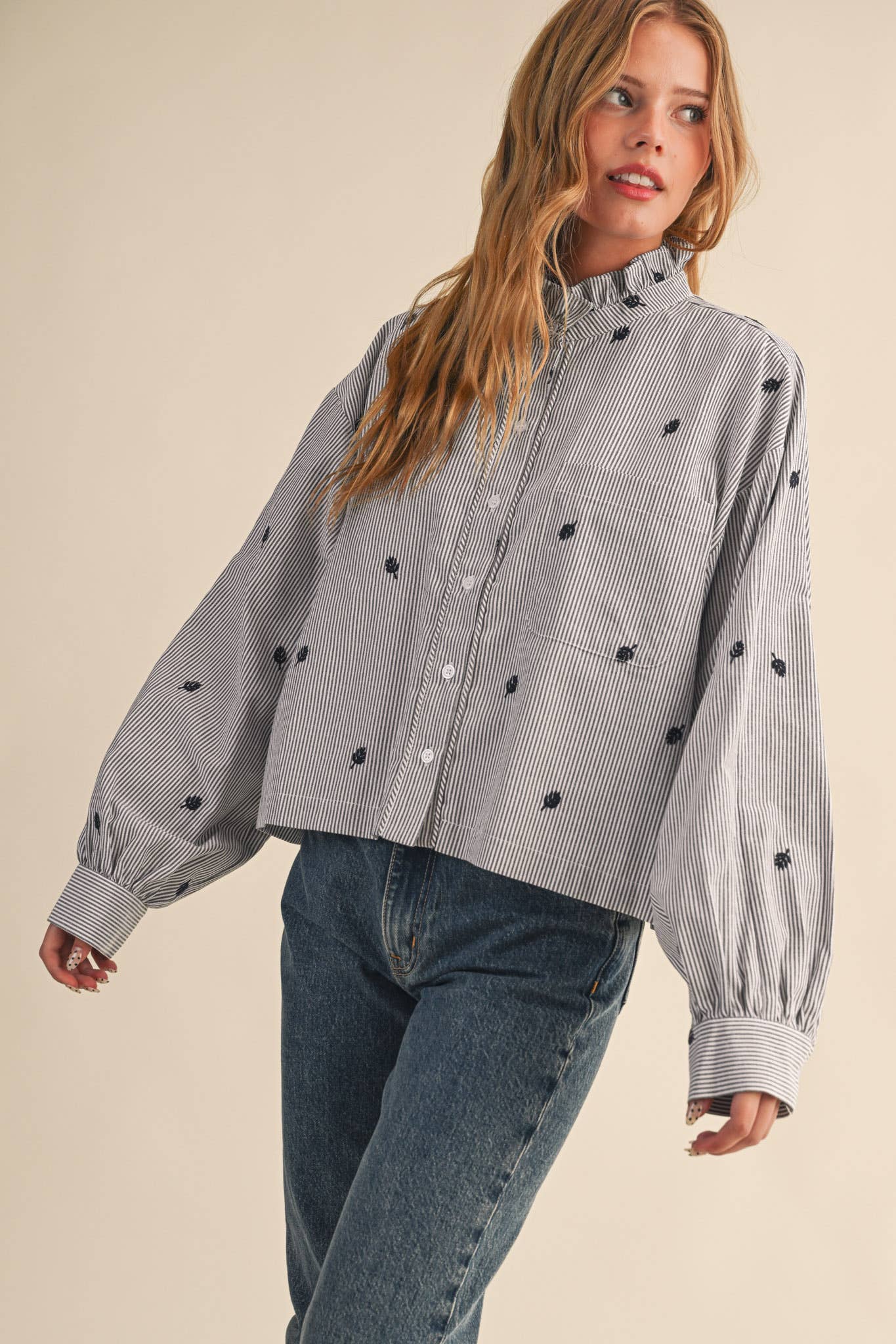 Embroidered Mock Neck Striped Button Up