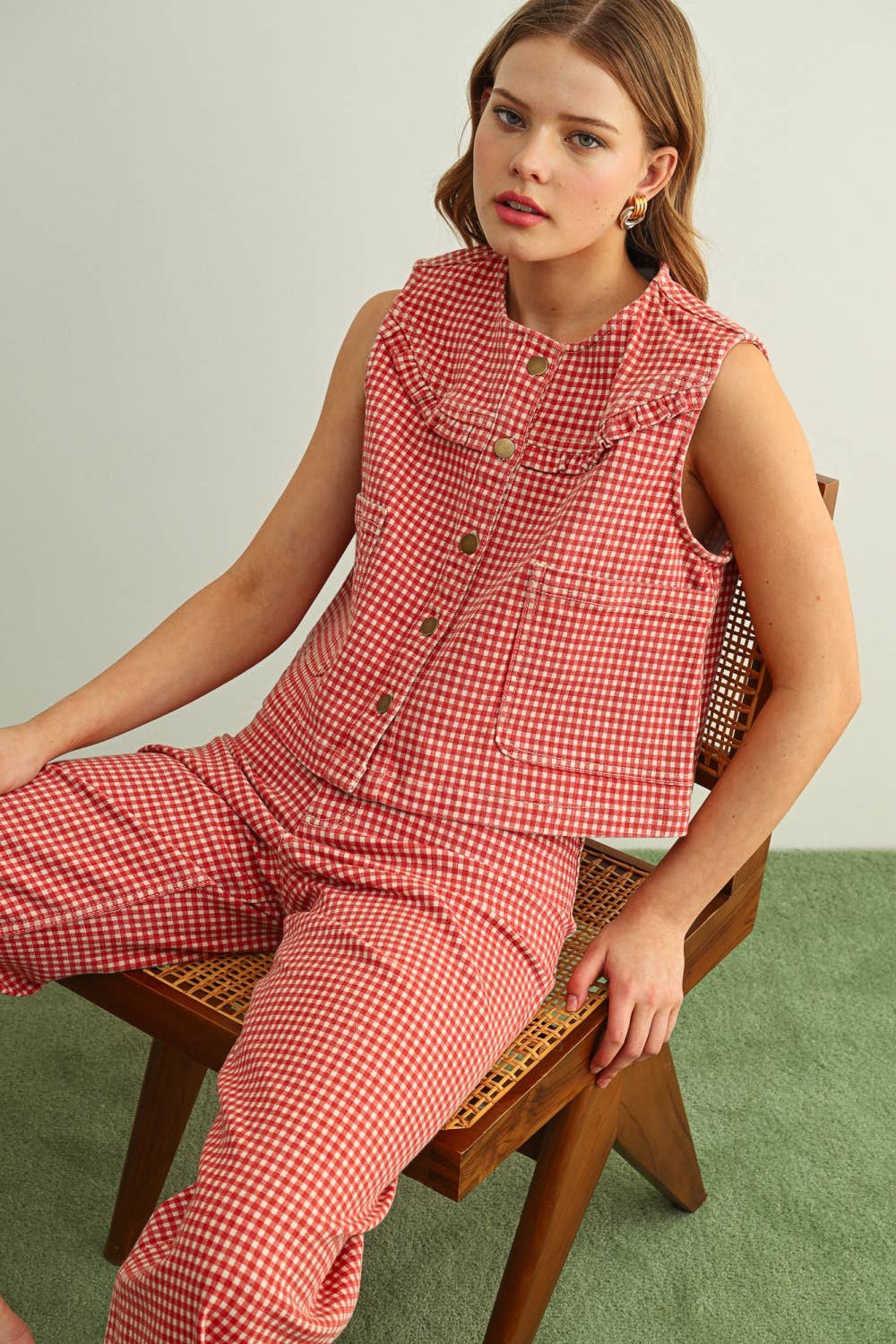 Red Gingham Button Front Vest