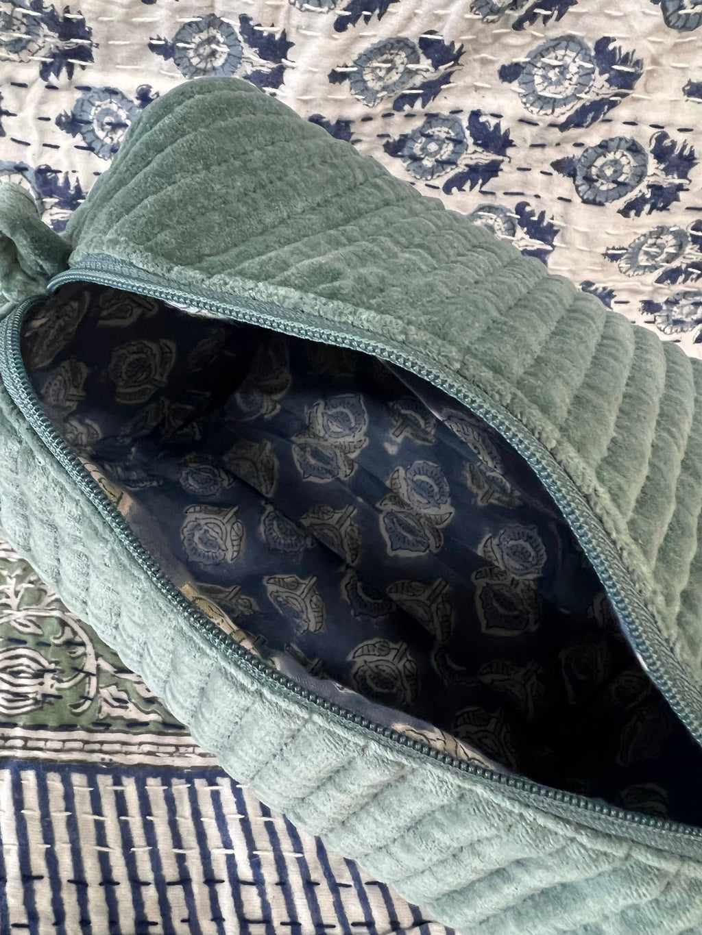 Eucalyptus Velvet & Block Print Lined Cosmetic Pouch